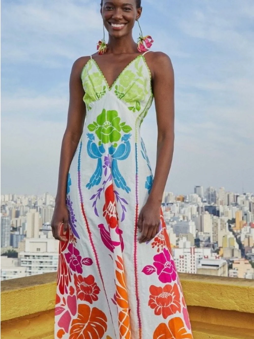 FARM Rio White Maxi Dress with Green Bodice and Multicolor Floral Motifs - Picture 1 of 14